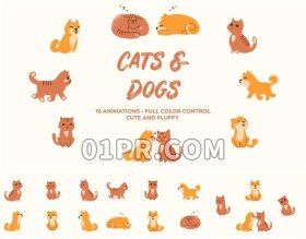 Pr手绘小猫小狗模板 16组可爱动物卡通动态动画元素 Pr素材